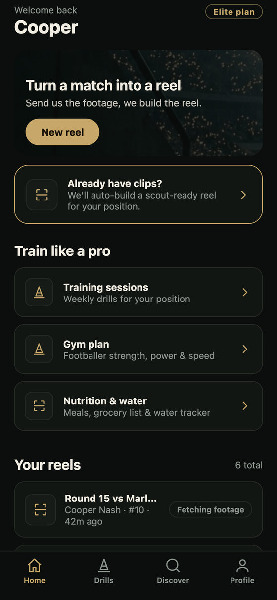 The CAPPED home screen: a Turn a match into a reel card with a New reel button, shortcuts to training sessions, gym and nutrition plans, and the player's own list of reels below.