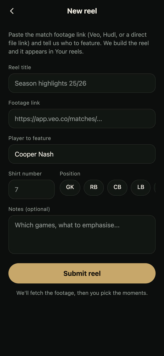 The New reel form, with fields for the reel title, a Veo or Hudl footage link, the player to feature, shirt number and position, above a Submit reel button.