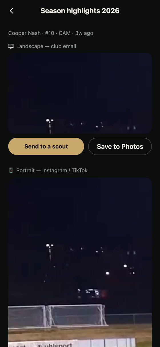 A finished reel called Season highlights 2026, showing a landscape cut for the club email with Send to a scout and Save to Photos buttons, and a portrait cut for Instagram and TikTok below it.