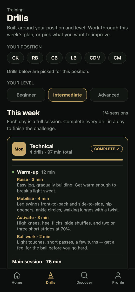The Drills tab, with position and level selectors above this week's plan, showing Monday's technical session broken into timed warm-up and main-session drills.